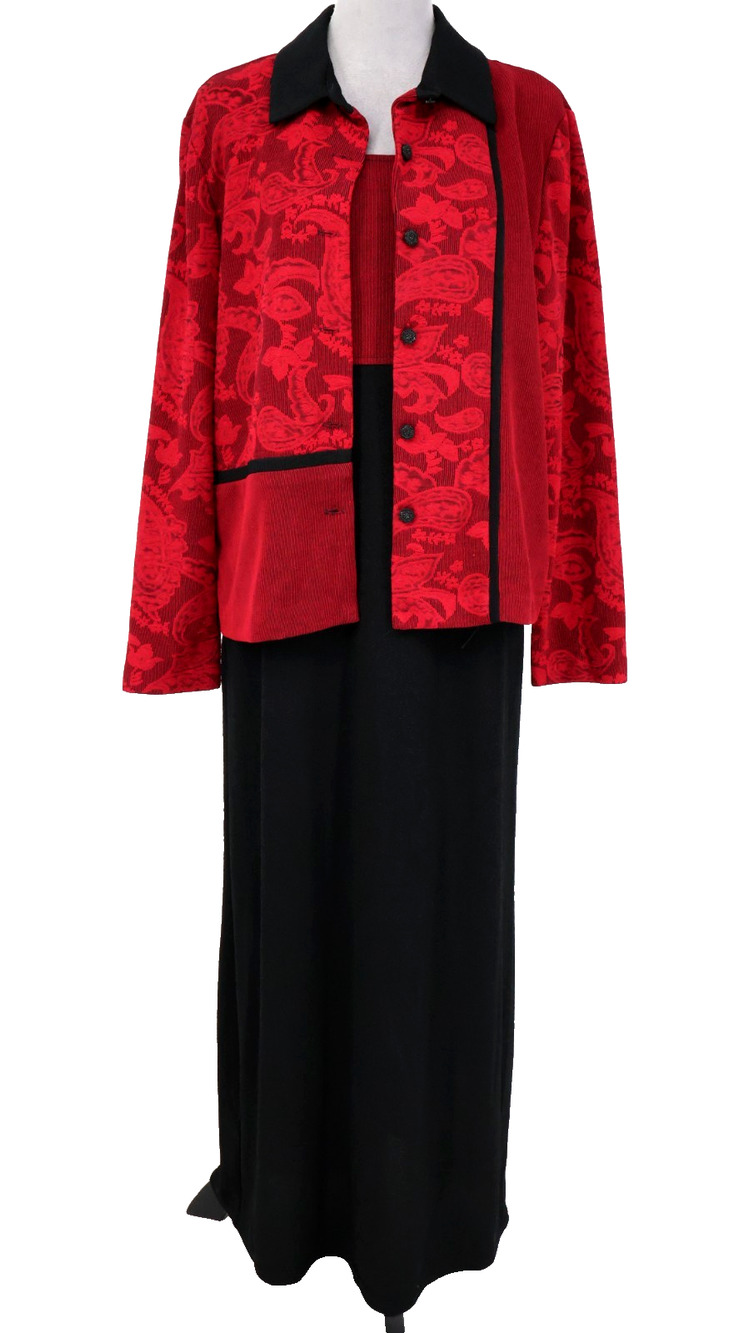 Coldwater Creek Suit Womens 16 Dress and Jacket Black Red Stretch Knit Maxi New